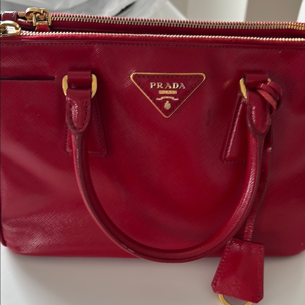 Prada Red Saffiano Leather Satchel with Gold Hardware